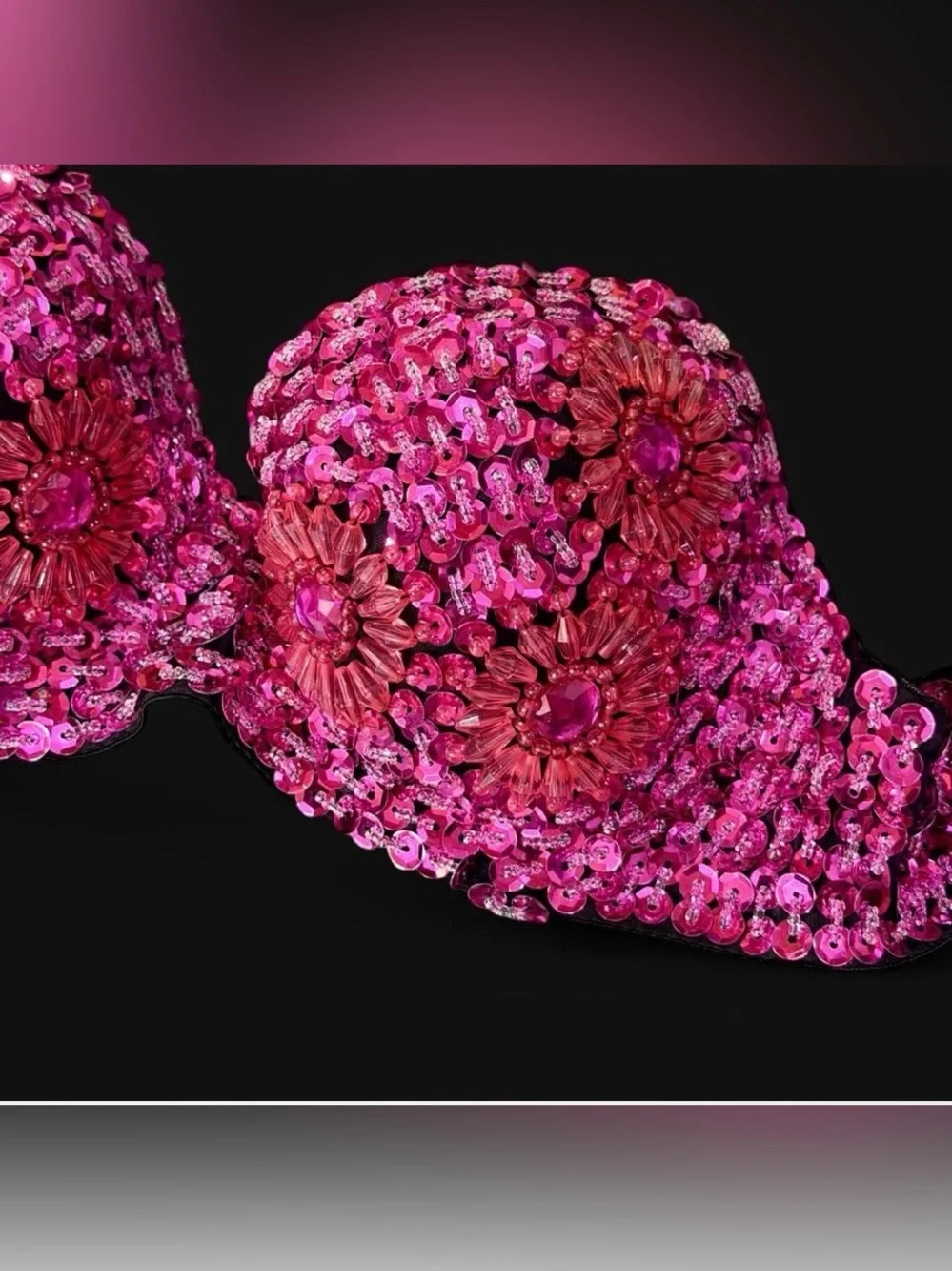 Sequined Heavily Embellished Floral Strapless Bra - Hot Pink Magenta